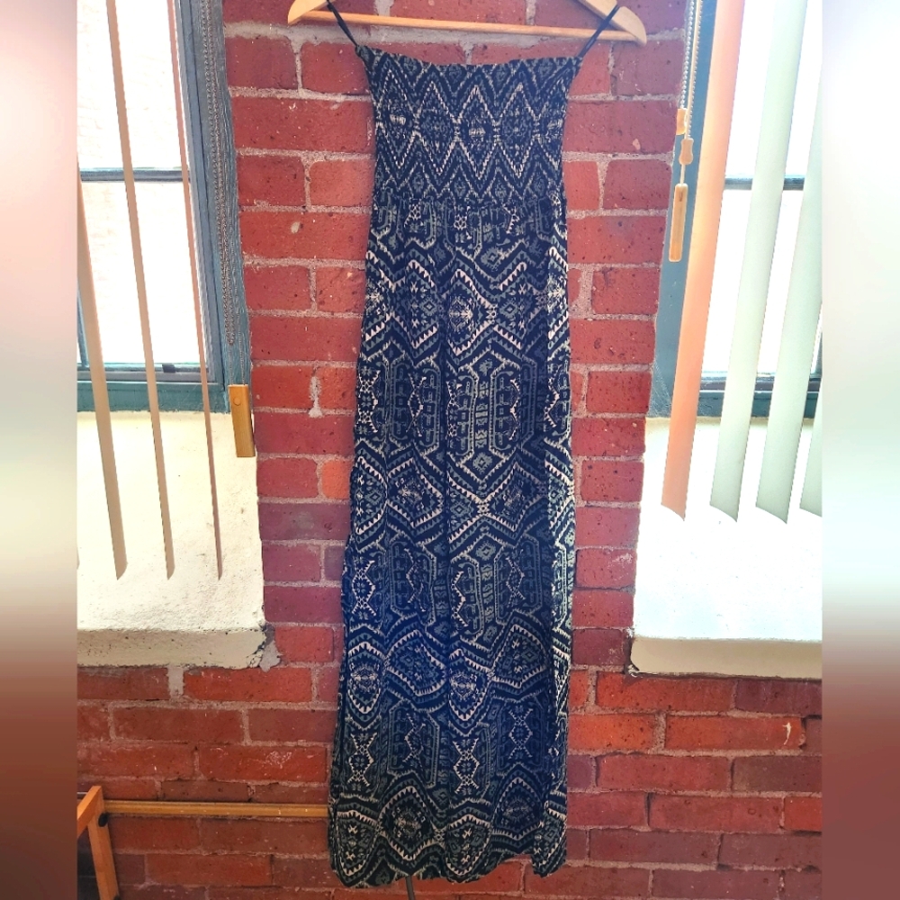 Aztec Print Black Sage & Cream Strapless Maxi Dress Size Small